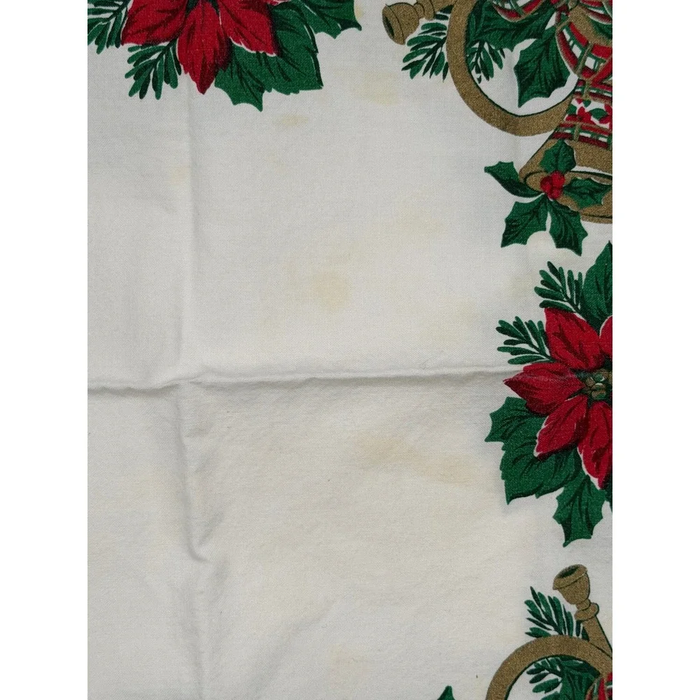 Vintage 90s Christmas‎ Tablecloth and 8 Napkins Set Poinsettia Bells Green Red